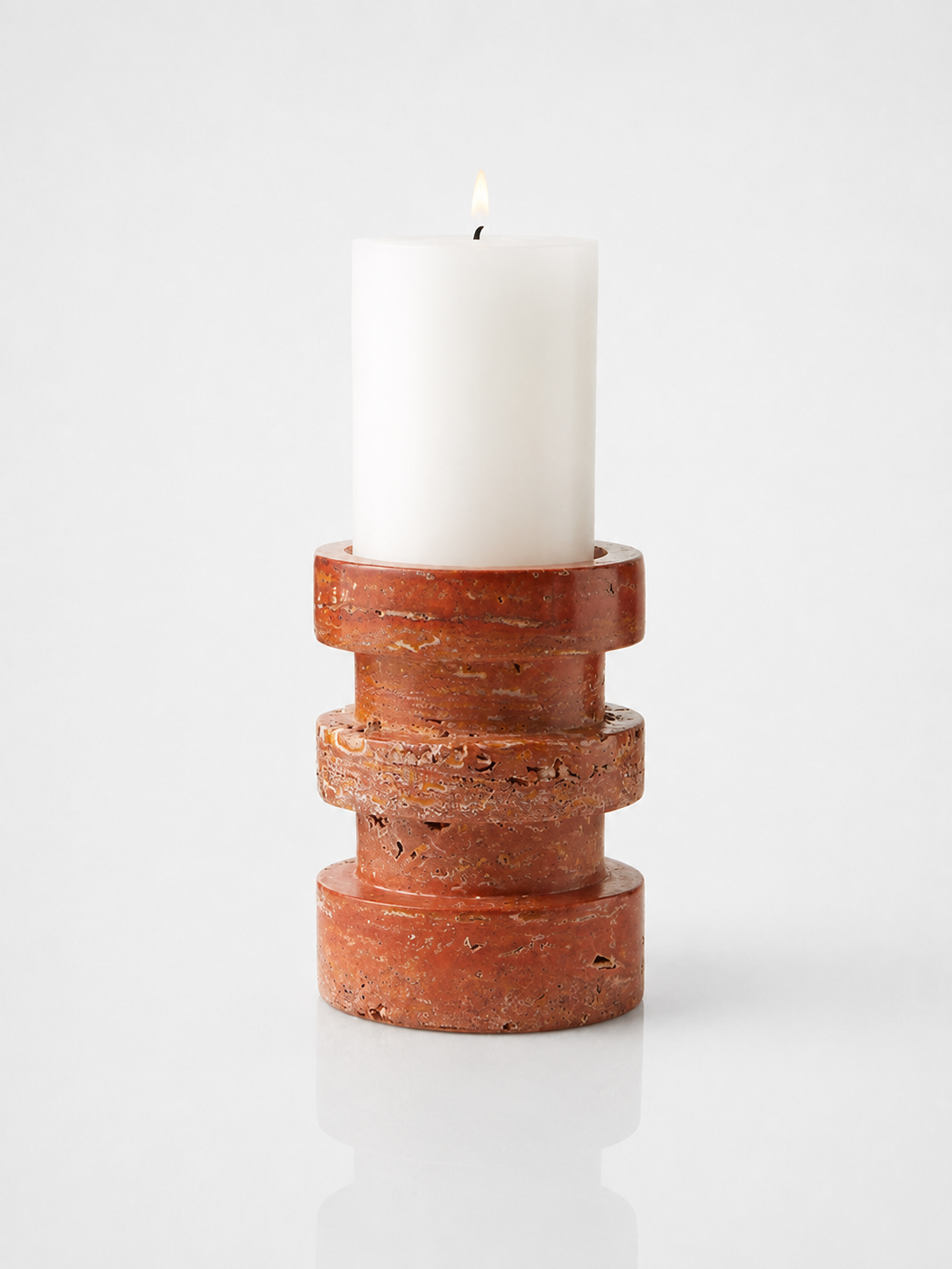 Sculptural Red Travertine Candle Holder Set