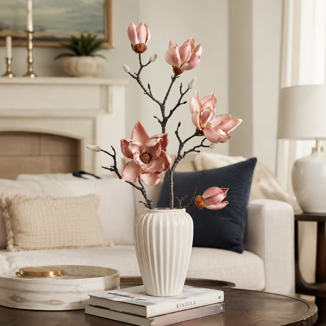 Magnolia Branch Realistic Artificial Flower Silk Faux Stem in Mauve Beige 39.5"