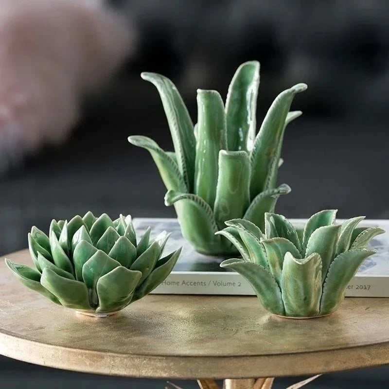 Enamel Ceramic Candle Holder with Faux Succulent