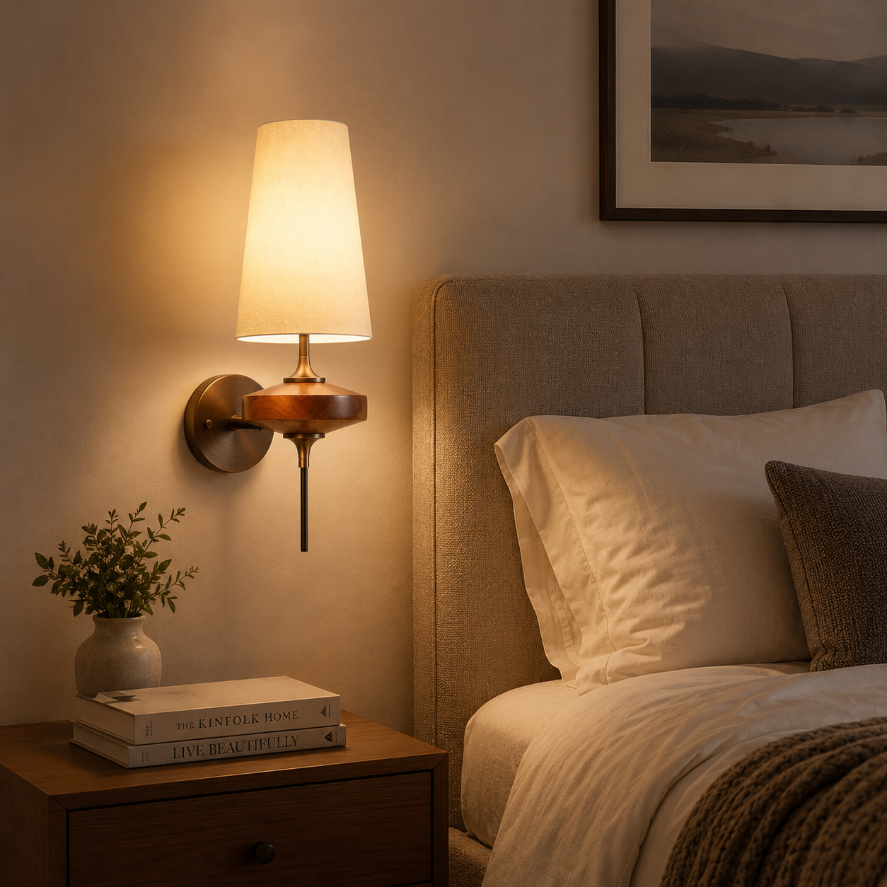 Walnut Wood Plug-In Wall Lamp with Bouclé Fabric Shade