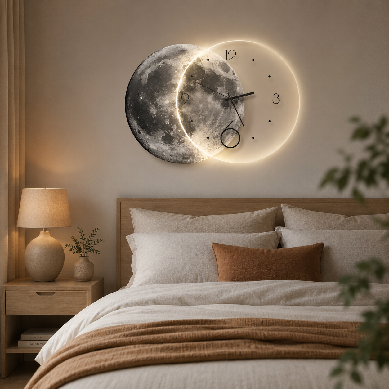 Moon Wall Clock with LED Light USB Powered Wall Mounted Timepiece