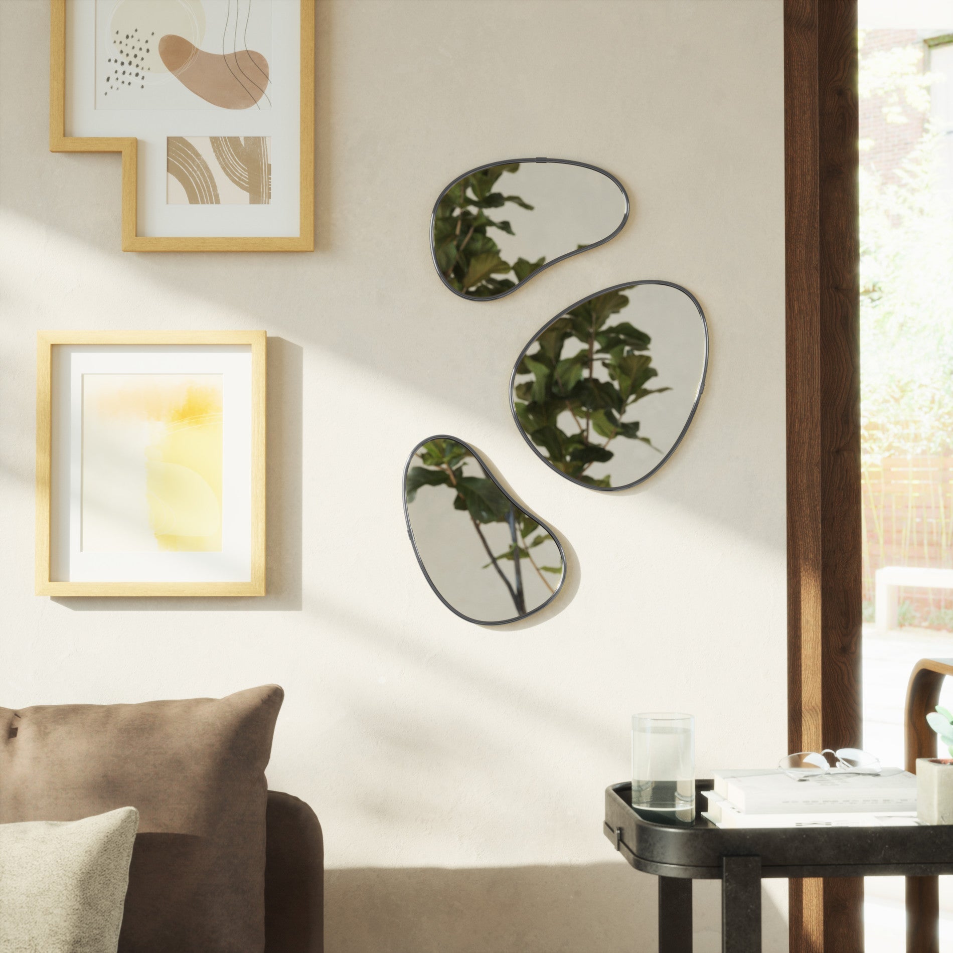 Decorative Organic Wall Mirrors | Metallic Frame Pebble Mirror Set of 3