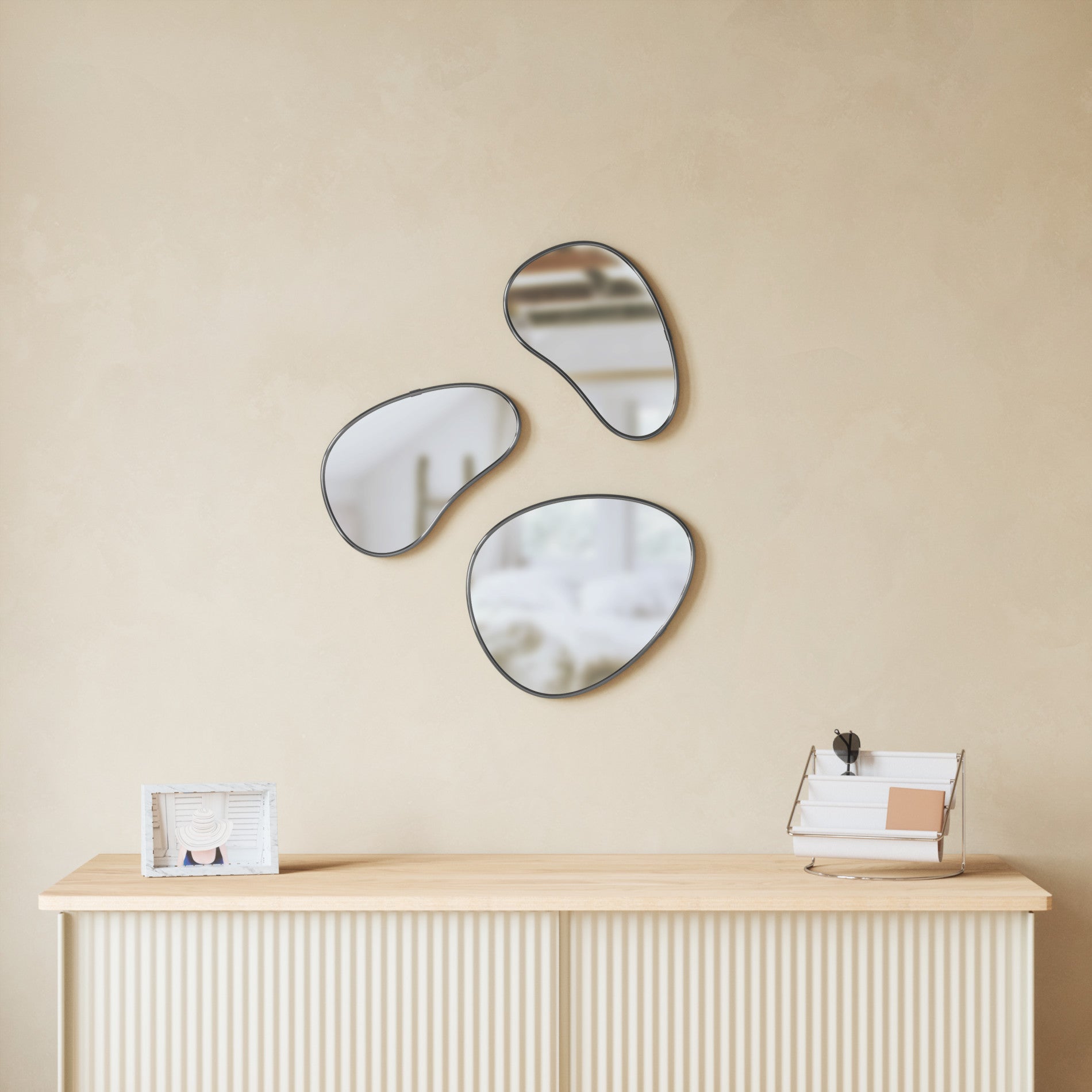 Decorative Organic Wall Mirrors | Metallic Frame Pebble Mirror Set of 3