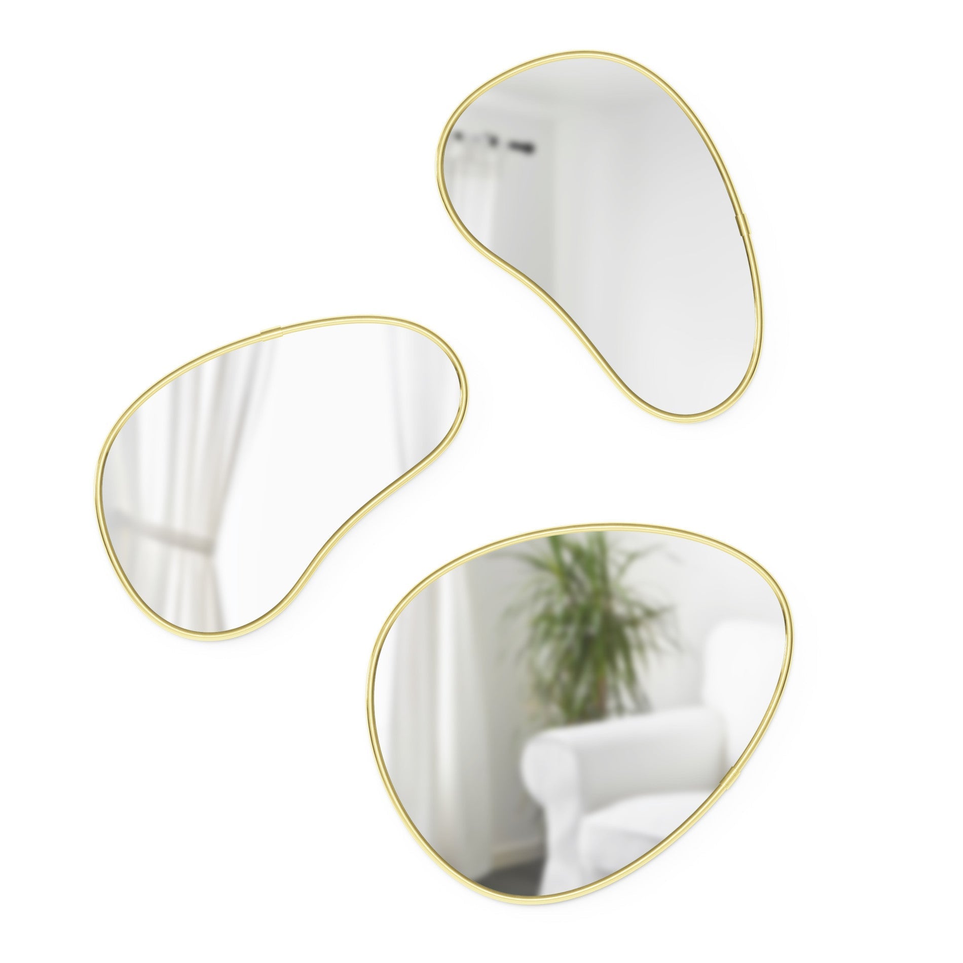 Decorative Organic Wall Mirrors | Metallic Frame Pebble Mirror Set of 3