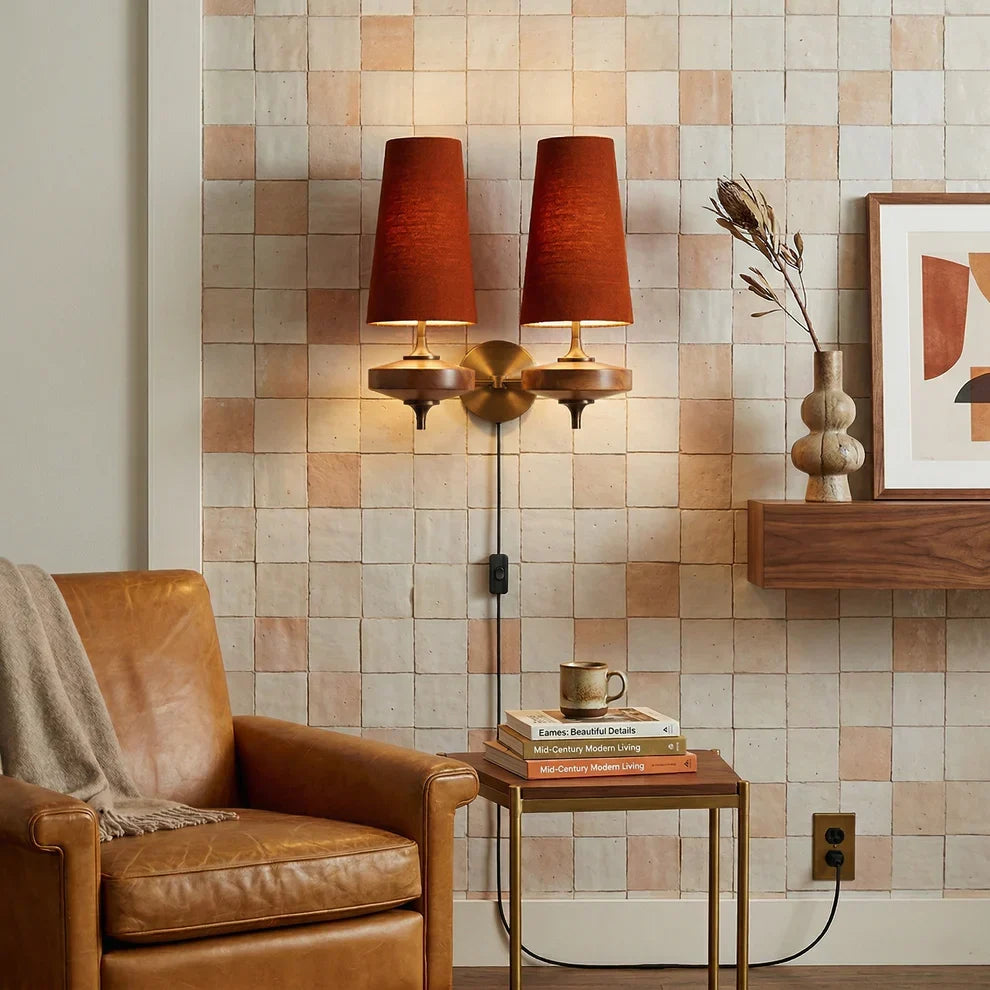 Walnut Wood Plug-In Wall Lamp with Bouclé Fabric Shade