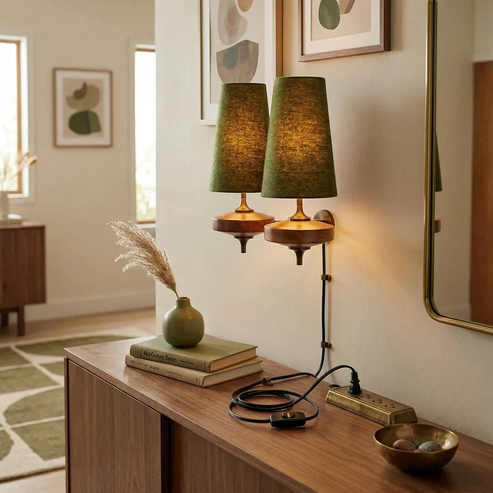 Walnut Wood Plug-In Wall Lamp with Bouclé Fabric Shade
