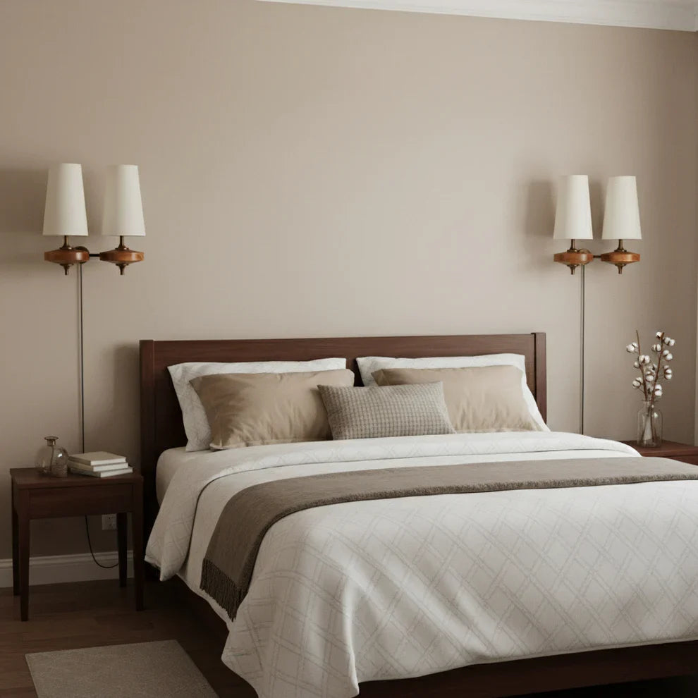 Walnut Wood Plug-In Wall Lamp with Bouclé Fabric Shade