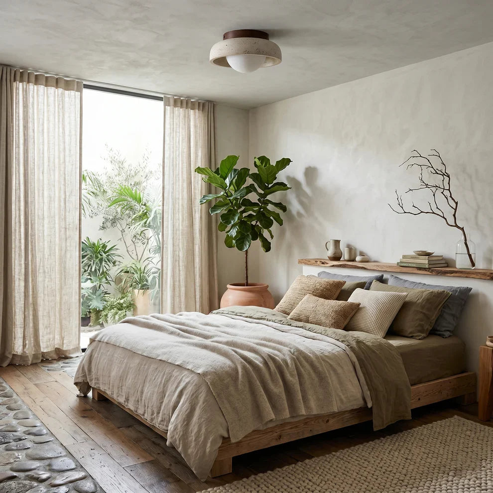 Wood and Travertine LED Ceiling Lamp