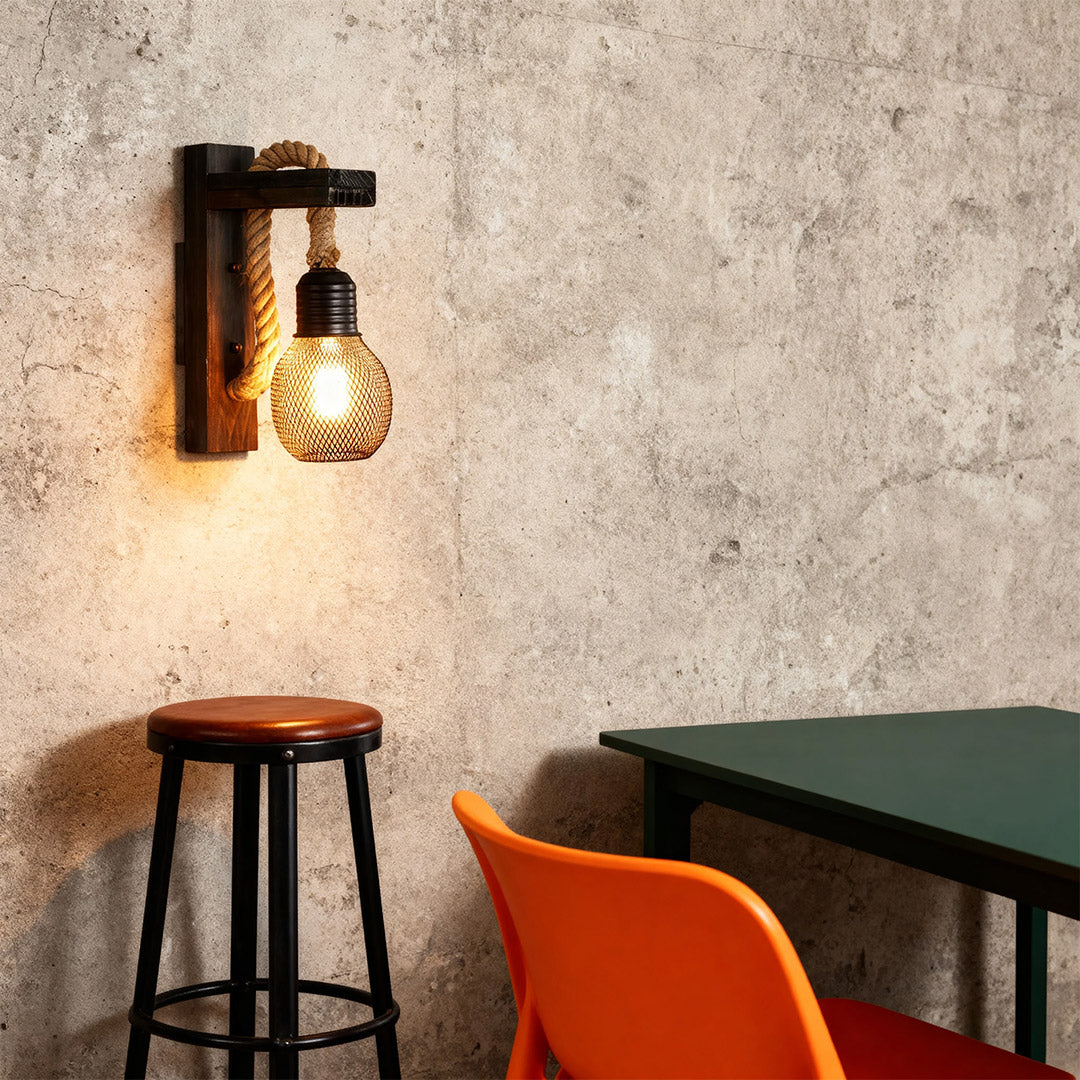 Vintage Iron Mesh Wall Lamp with Hemp Rope