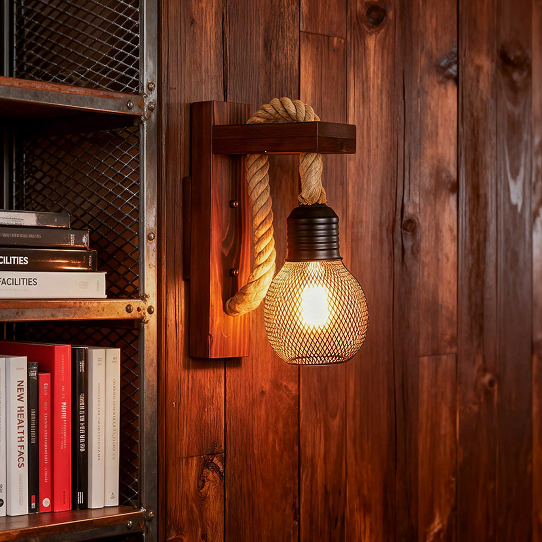 Vintage Iron Mesh Wall Lamp with Hemp Rope
