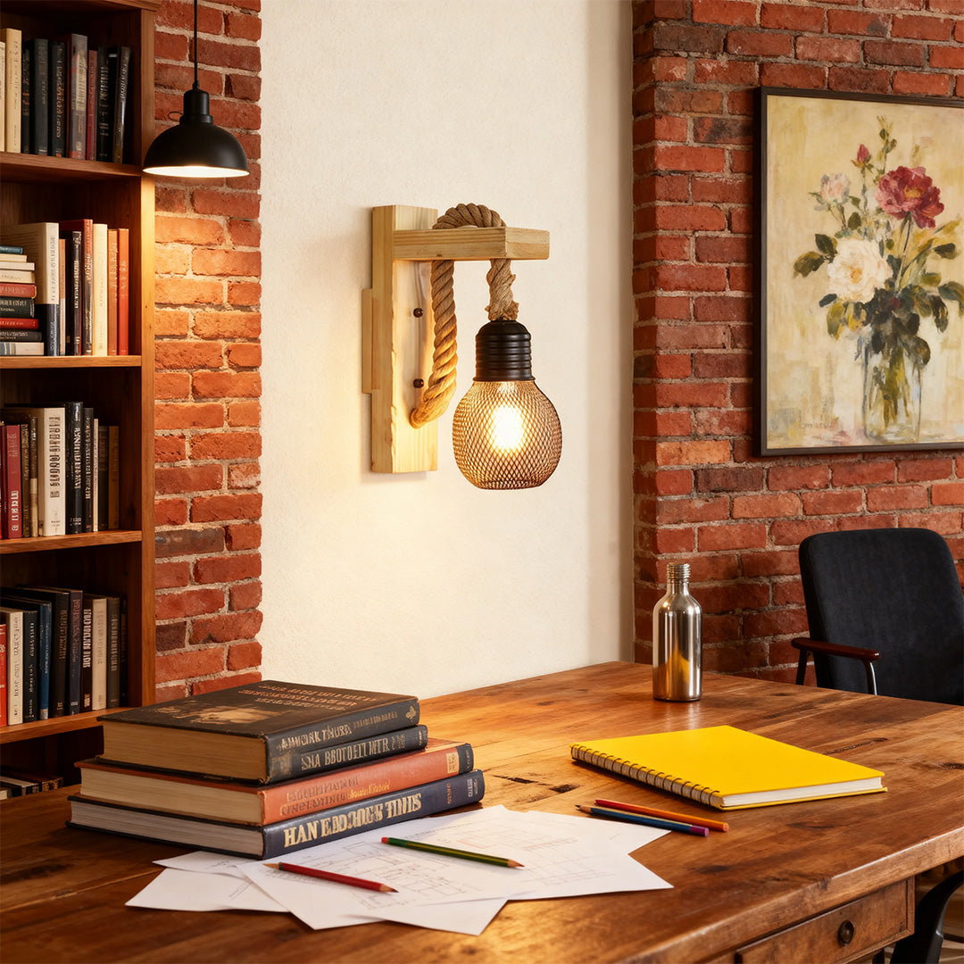Vintage Iron Mesh Wall Lamp with Hemp Rope