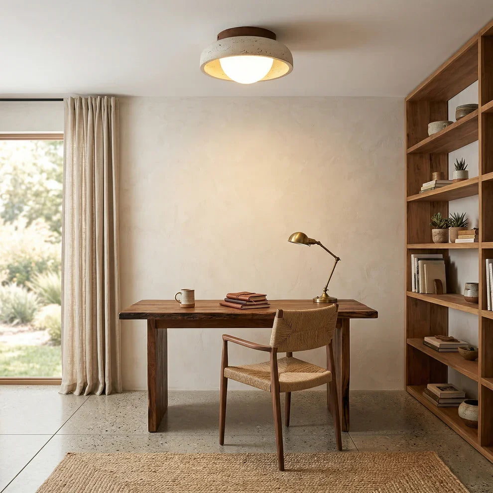 Wood and Travertine LED Ceiling Lamp