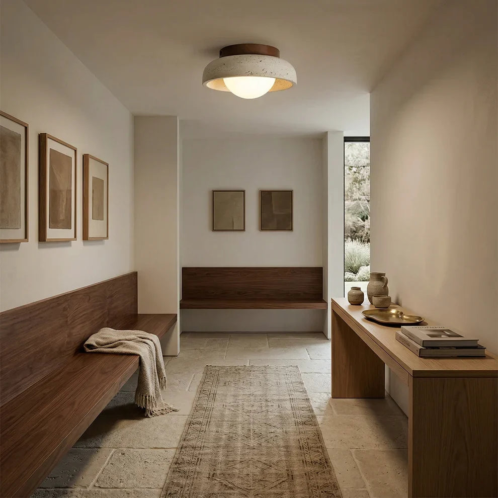 Wood and Travertine LED Ceiling Lamp