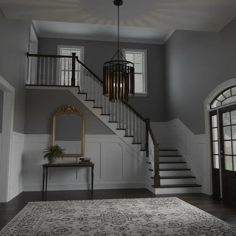 Whitewashed Wood Rod Chandelier