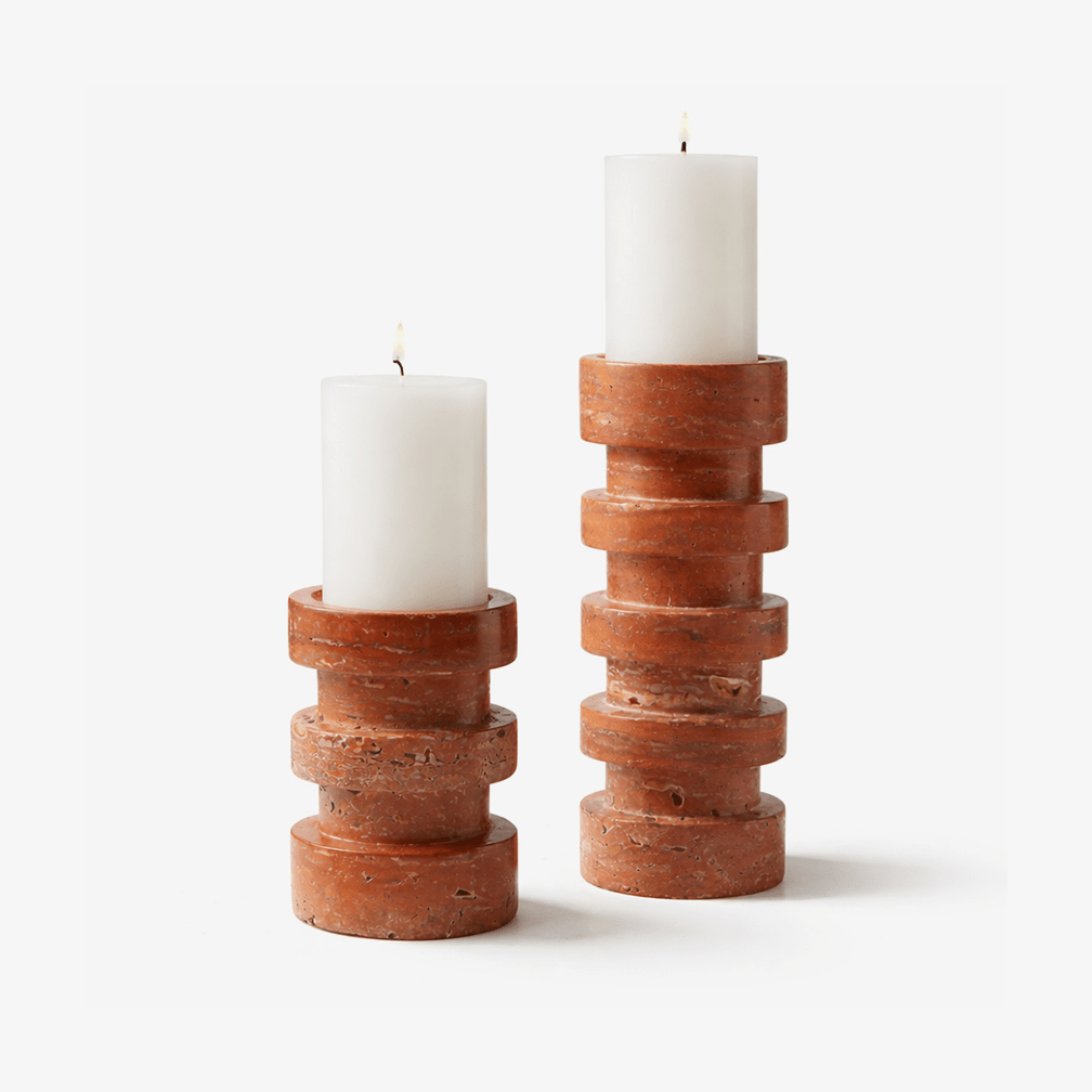 Sculptural Red Travertine Candle Holder Set