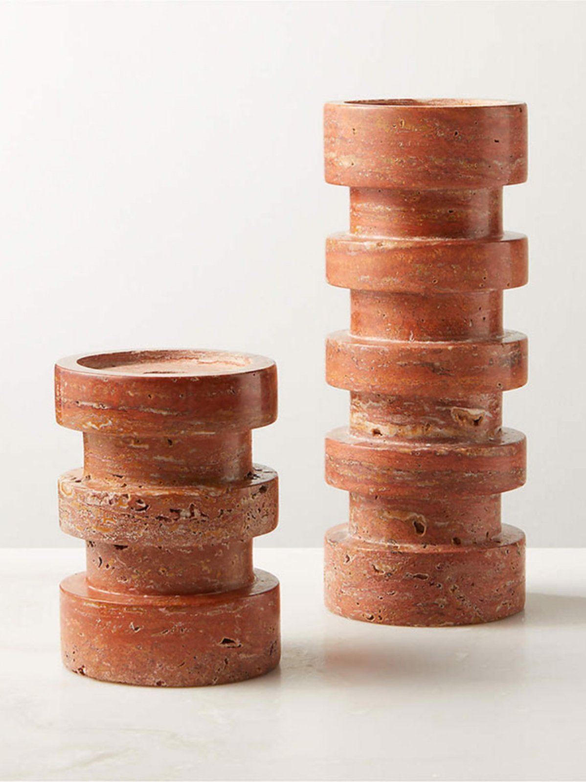 Sculptural Red Travertine Candle Holder Set