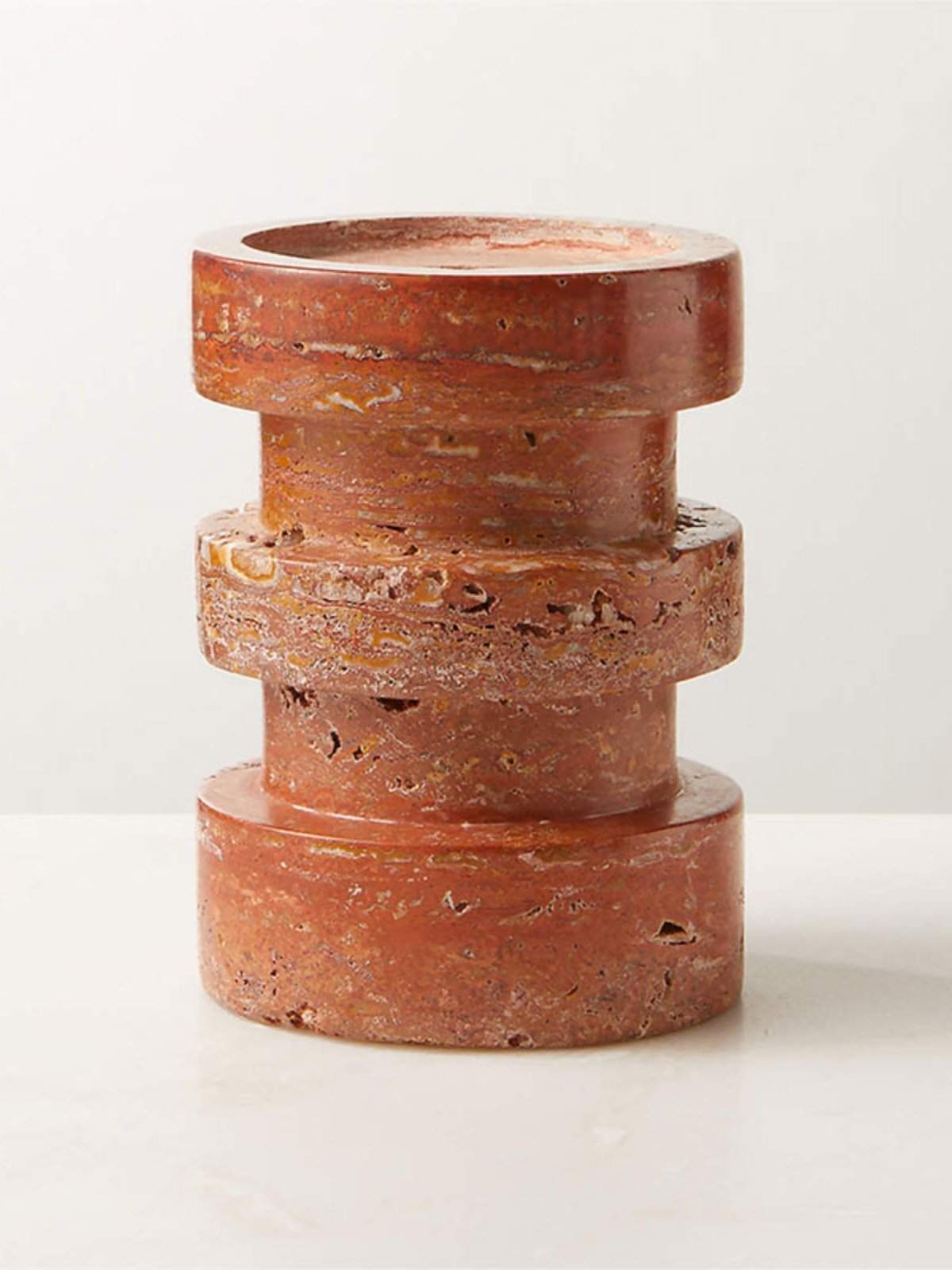 Sculptural Red Travertine Candle Holder Set