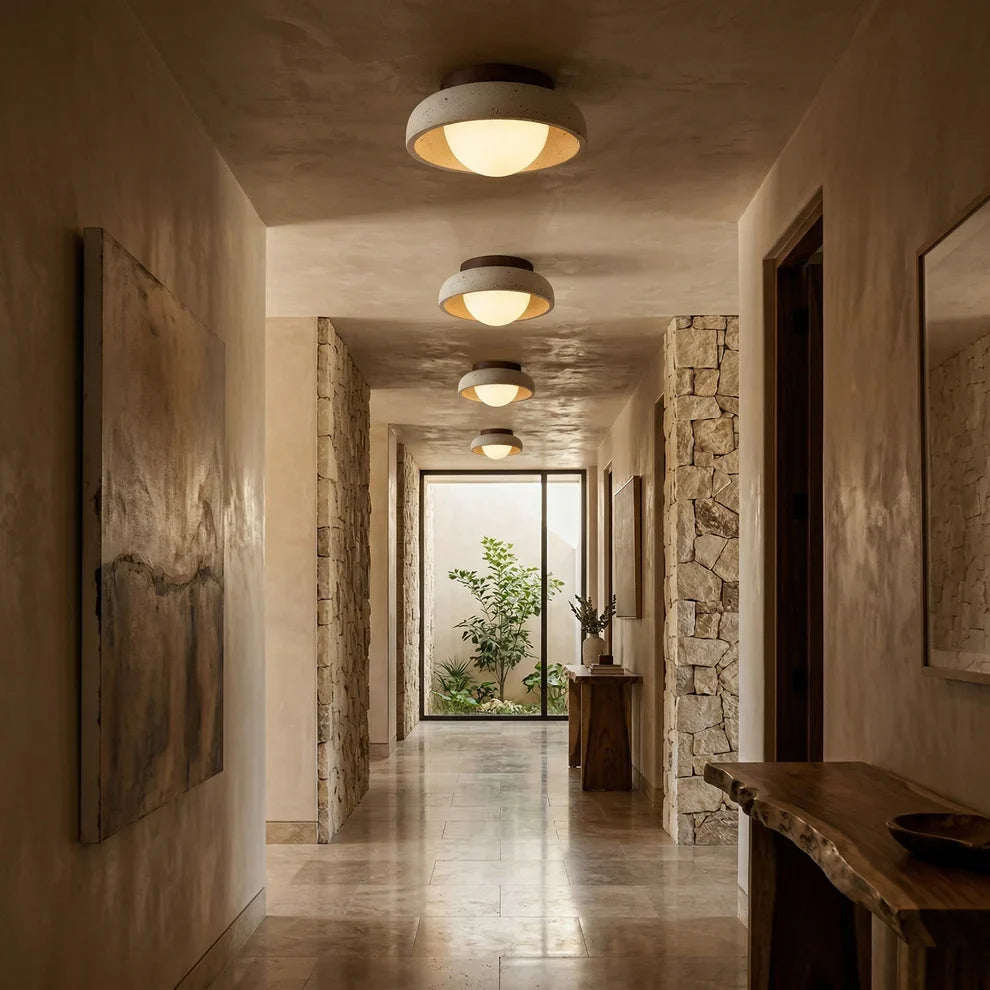 Wood and Travertine LED Ceiling Lamp
