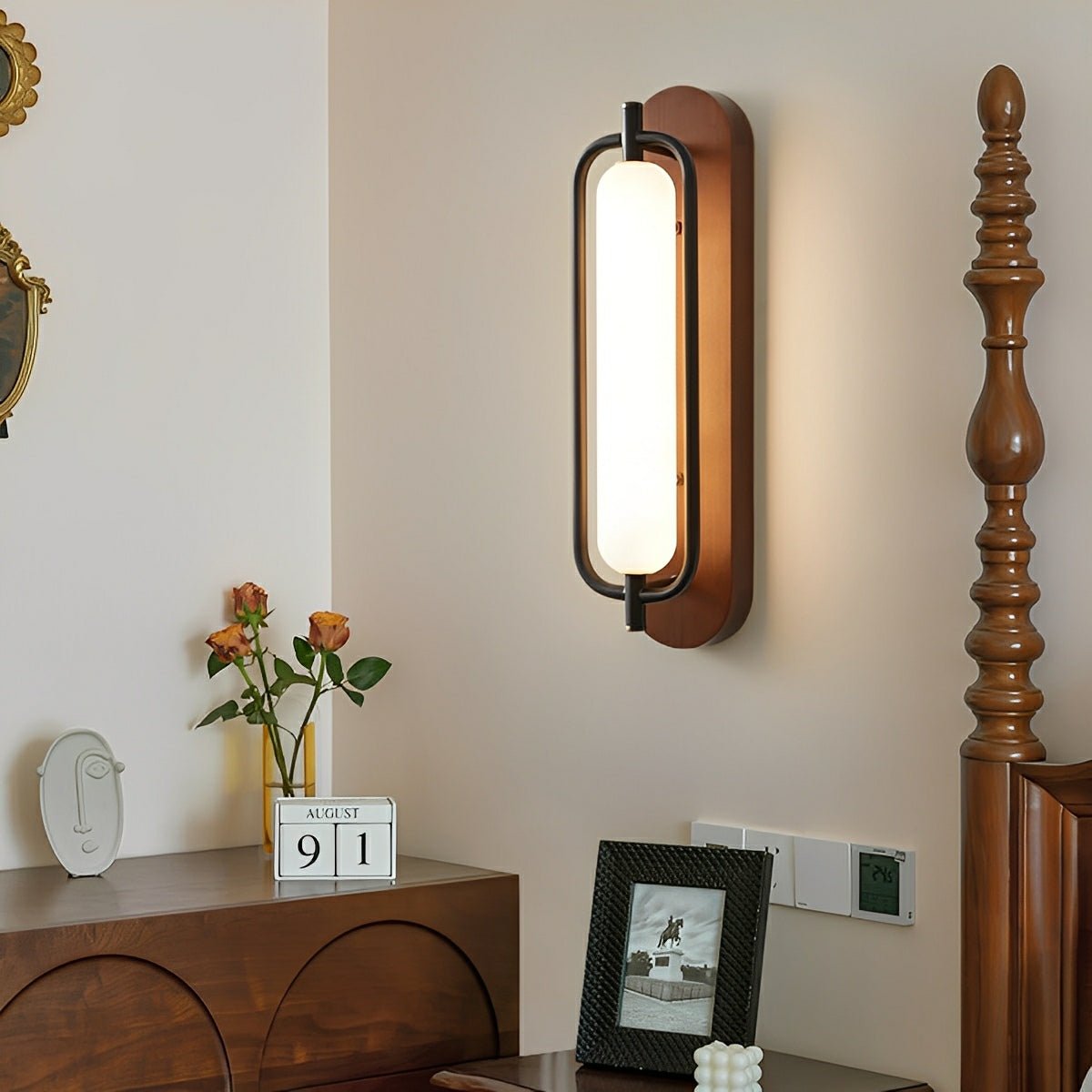 Rowan LED Wall Lamp | Classic Wood & Frosted Glass Glow