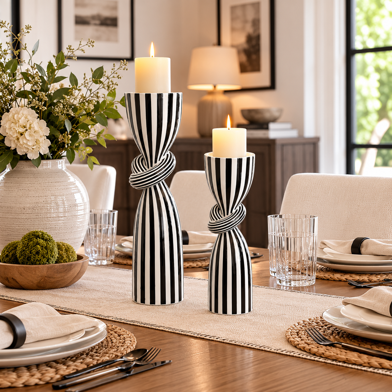 Striped Polyresin Candle Holder with Twisted Knot Accent