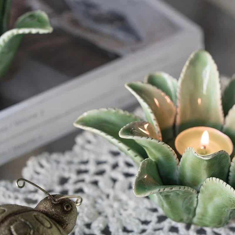 Enamel Ceramic Candle Holder with Faux Succulent