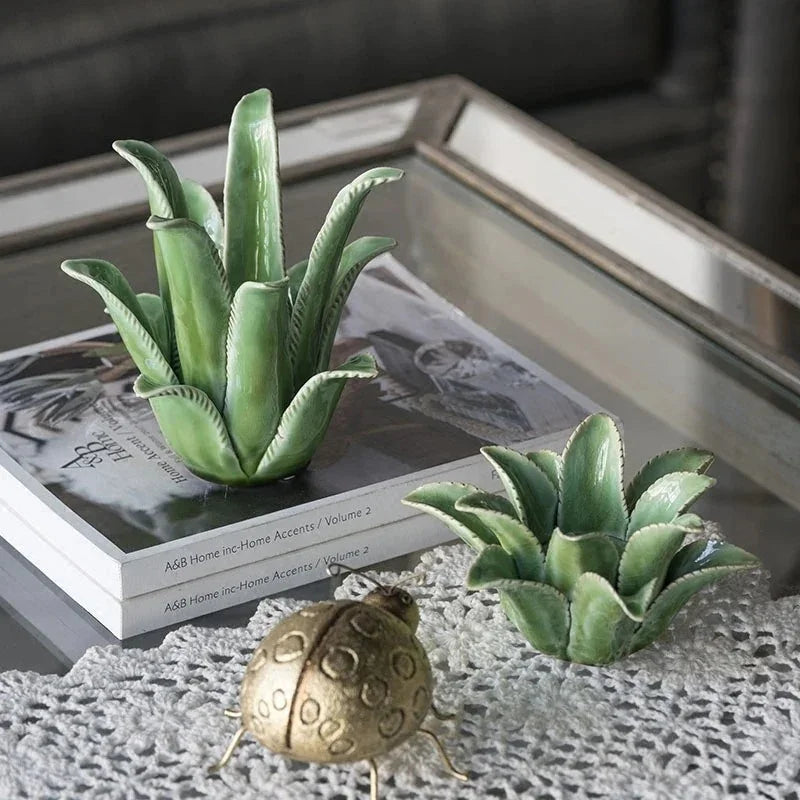 Enamel Ceramic Candle Holder with Faux Succulent