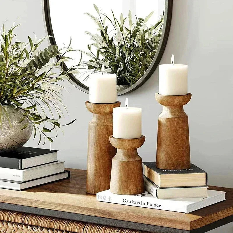 Solid Wood Candle Holder Set of 3 – Classic Brown Finish