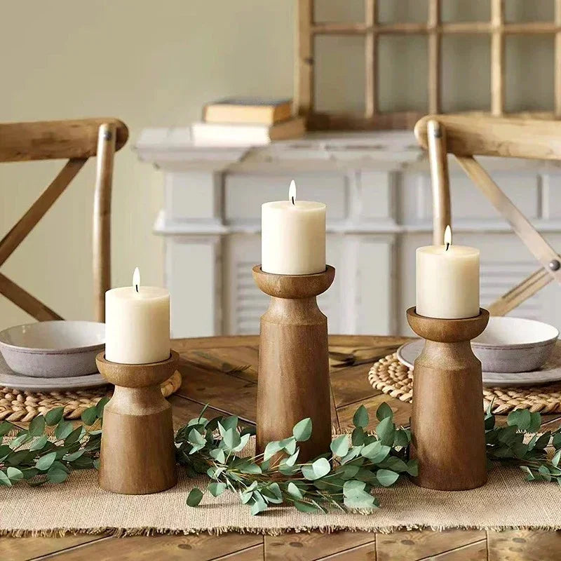 Solid Wood Candle Holder Set of 3 – Classic Brown Finish
