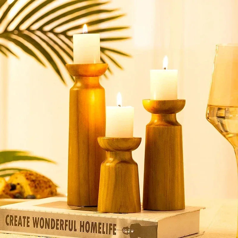 Solid Wood Candle Holder Set of 3 – Classic Brown Finish