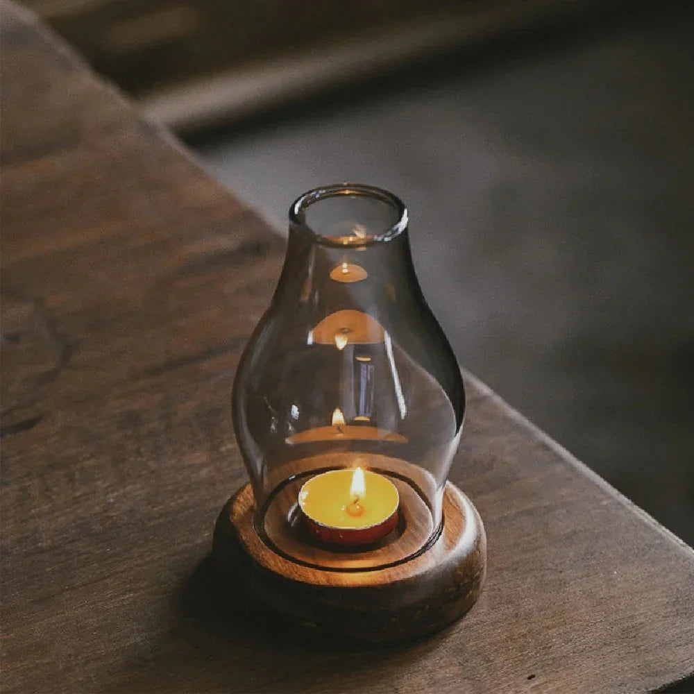 Glass Tealight Candle Holder with Bamboo Base