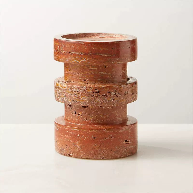 Sculptural Red Travertine Candle Holder Set