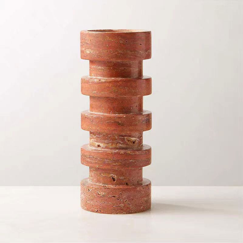 Sculptural Red Travertine Candle Holder Set