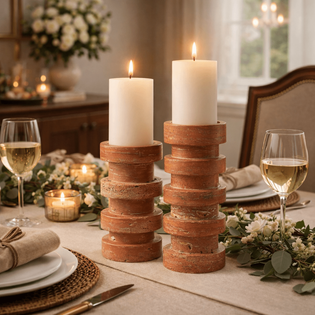 Sculptural Red Travertine Candle Holder Set