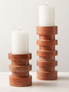Sculptural Red Travertine Candle Holder Set