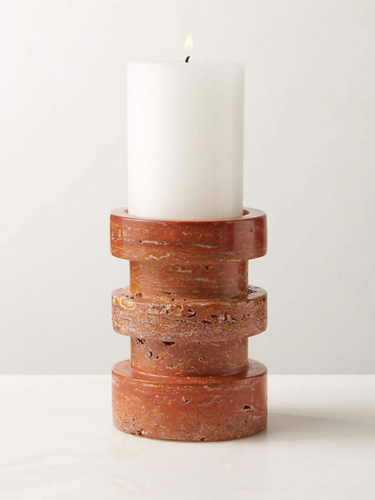 Sculptural Red Travertine Candle Holder Set