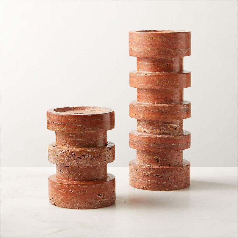 Sculptural Red Travertine Candle Holder Set